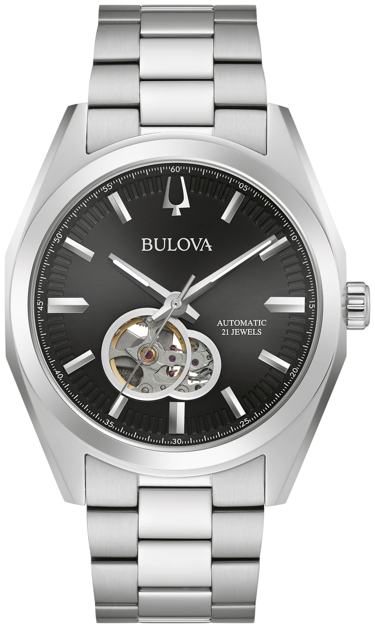 BULOVA 96A270 SURVEYOR BLACK DIAL STAINLESS STEEL AUTOMATIC WATCH