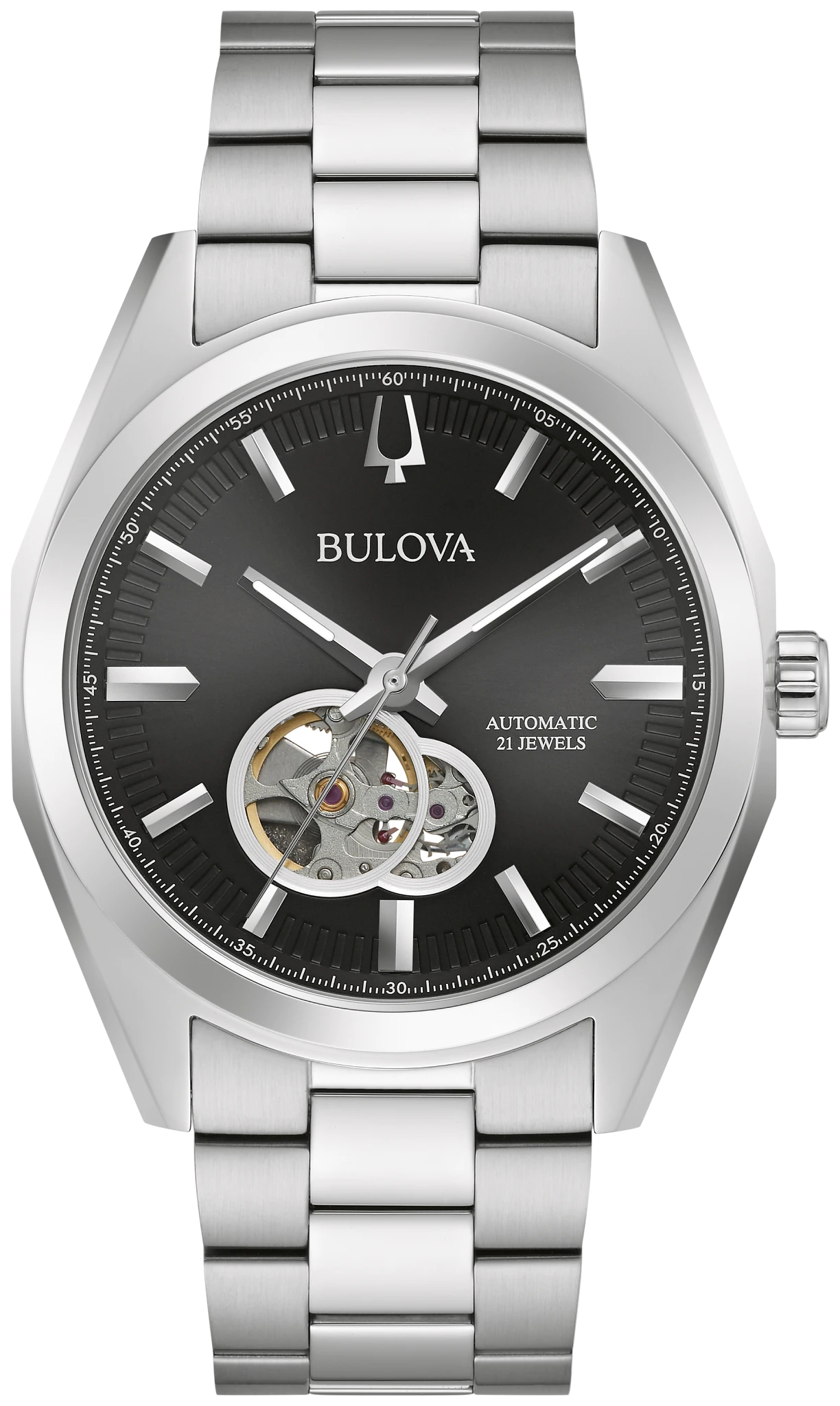 BULOVA 96A270 SURVEYOR BLACK DIAL STAINLESS STEEL AUTOMATIC WATCH