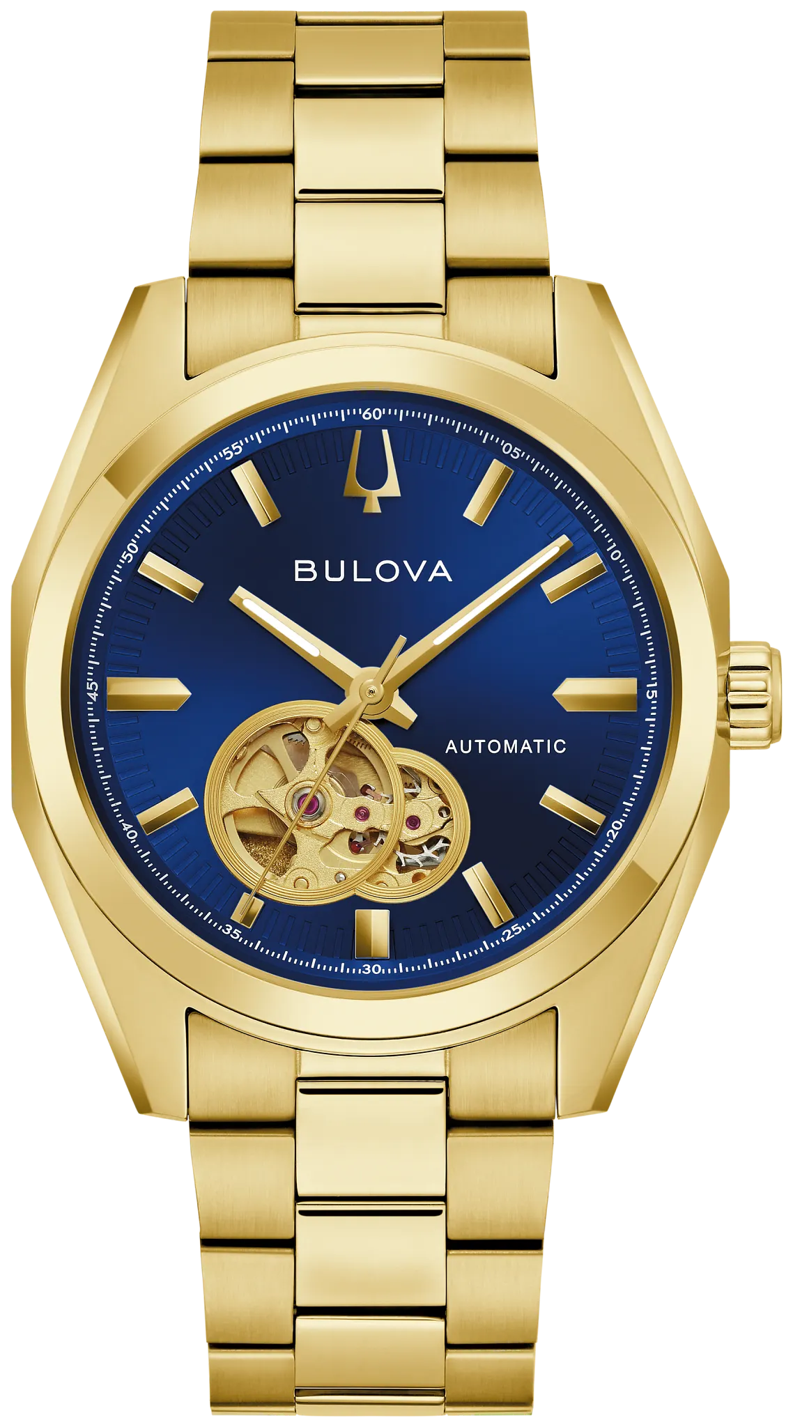 BULOVA 97A203 SURVEYOR GOLD TONE STAINLESS STEEL BLUE DIAL AUTOMATIC WATCH