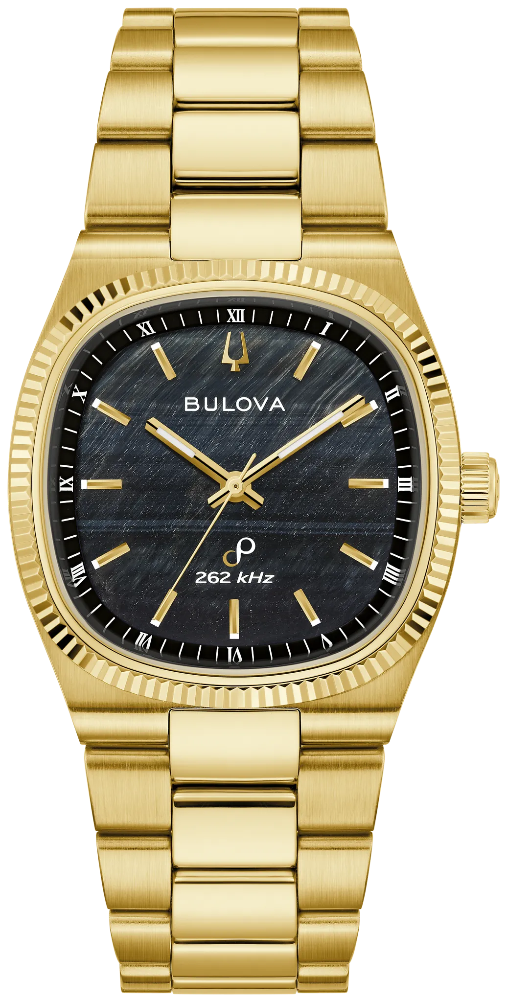 BULOVA 97A208 SUPER SEVILLE HAWKS EYE BLACK DIAL GOLD TONE STAINLESS STEEL WATCH