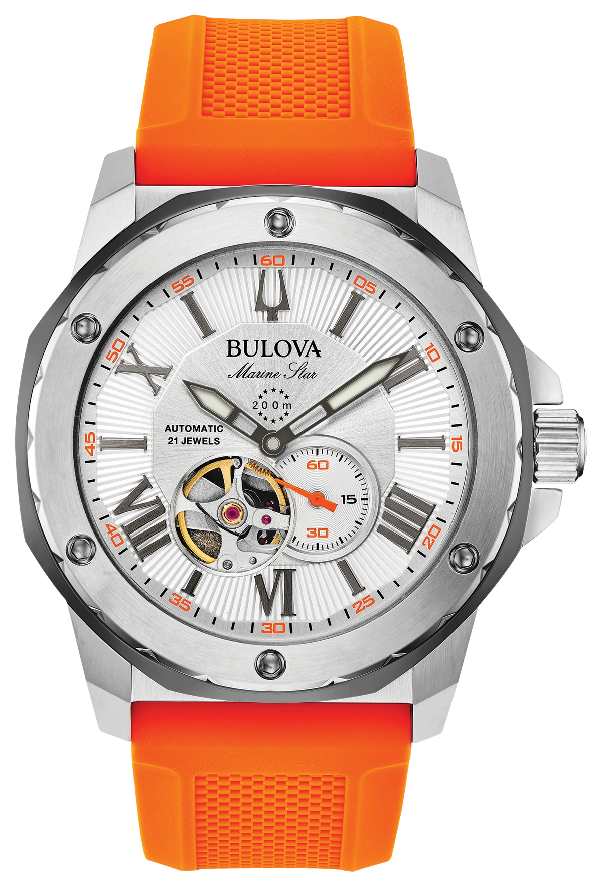 BULOVA 98A226 MARINE STAR WHITE DIAL ORANGE BAND AUTOMATIC MEN'S WATCH