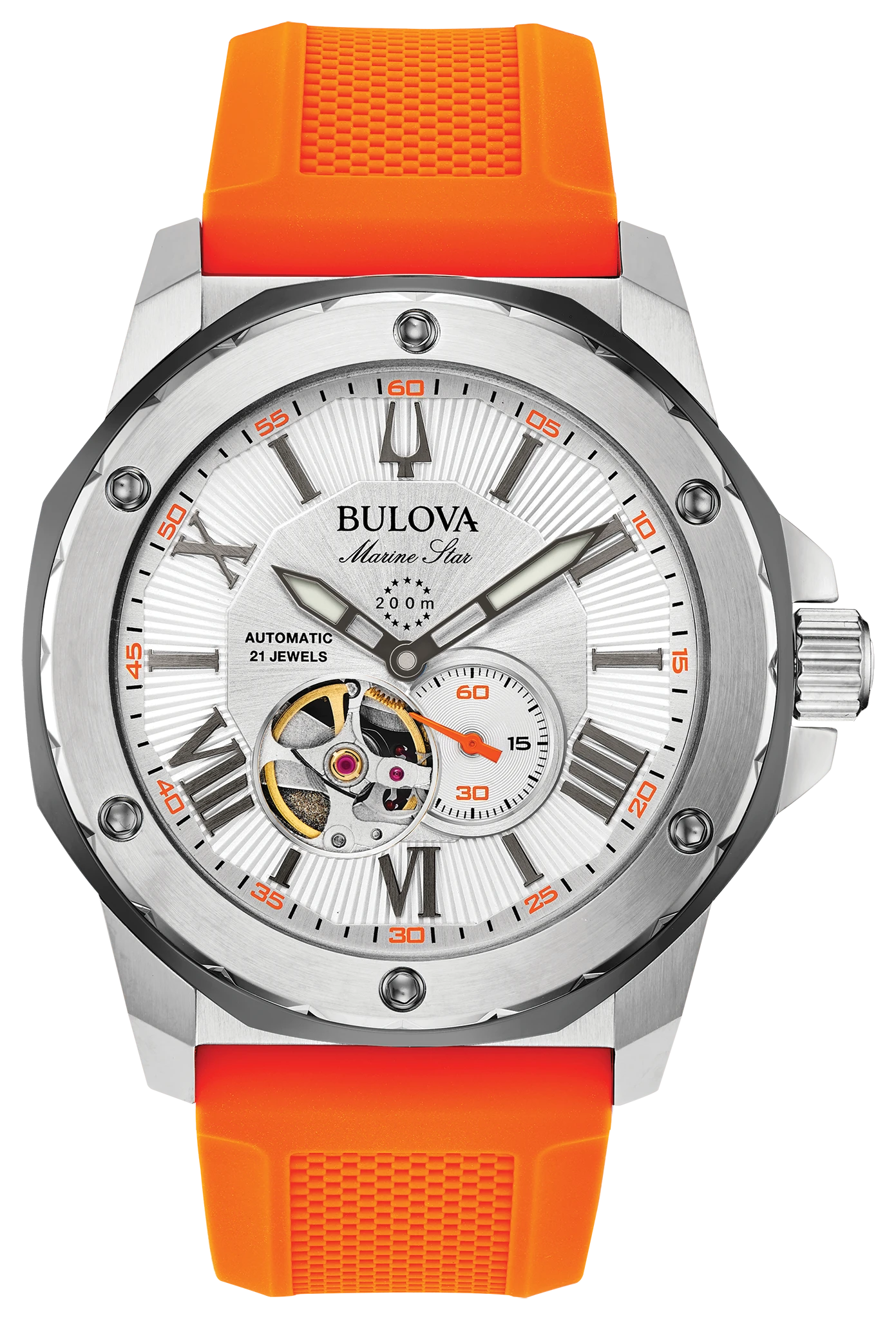 BULOVA 98A226 MARINE STAR WHITE DIAL ORANGE BAND AUTOMATIC MEN'S WATCH