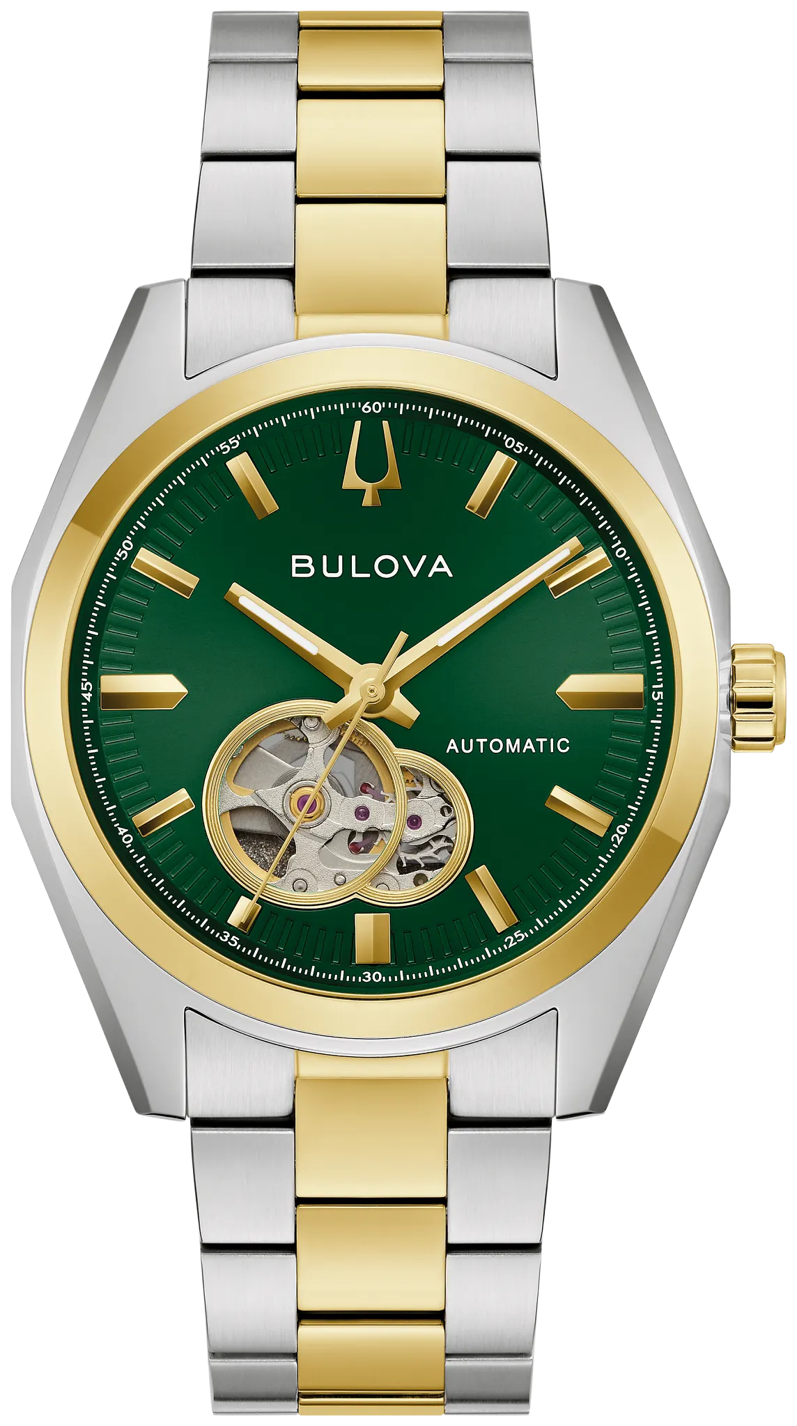 BULOVA 98A338 SURVEYOR TWO TONE GREEN DIAL STAINLESS STEEL AUTOMATIC WATCH