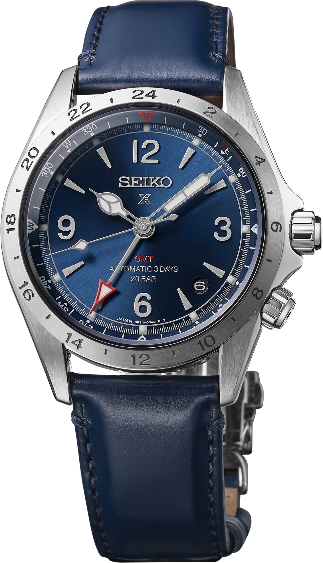 SEIKO SPB377 PROSPEX ALPINIST GMT BLUE DIAL BLUE LEATHER BAND WATCH