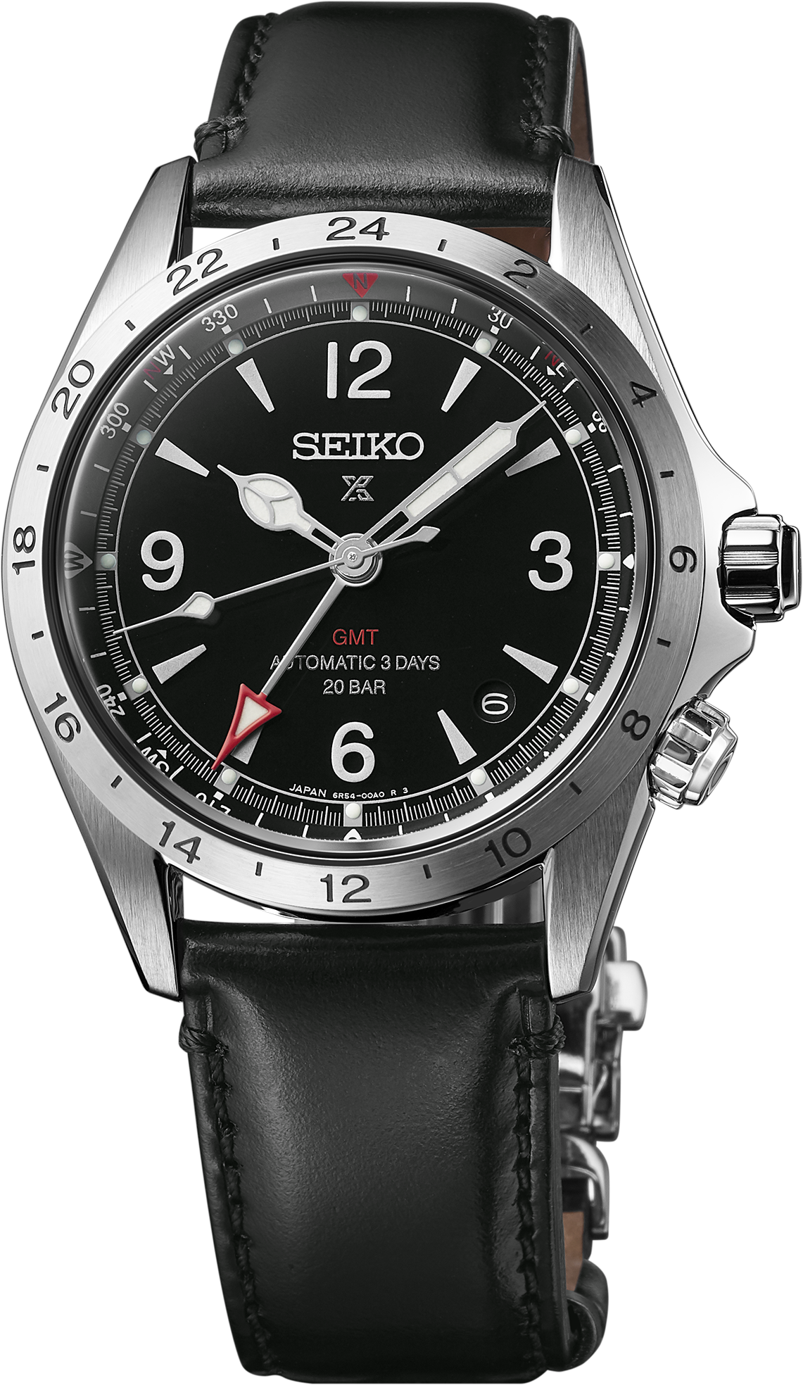 SEIKO SPB379 PROSPEX ALPINIST GMT BLACK DIAL BLACK LEATHER BAND WATCH