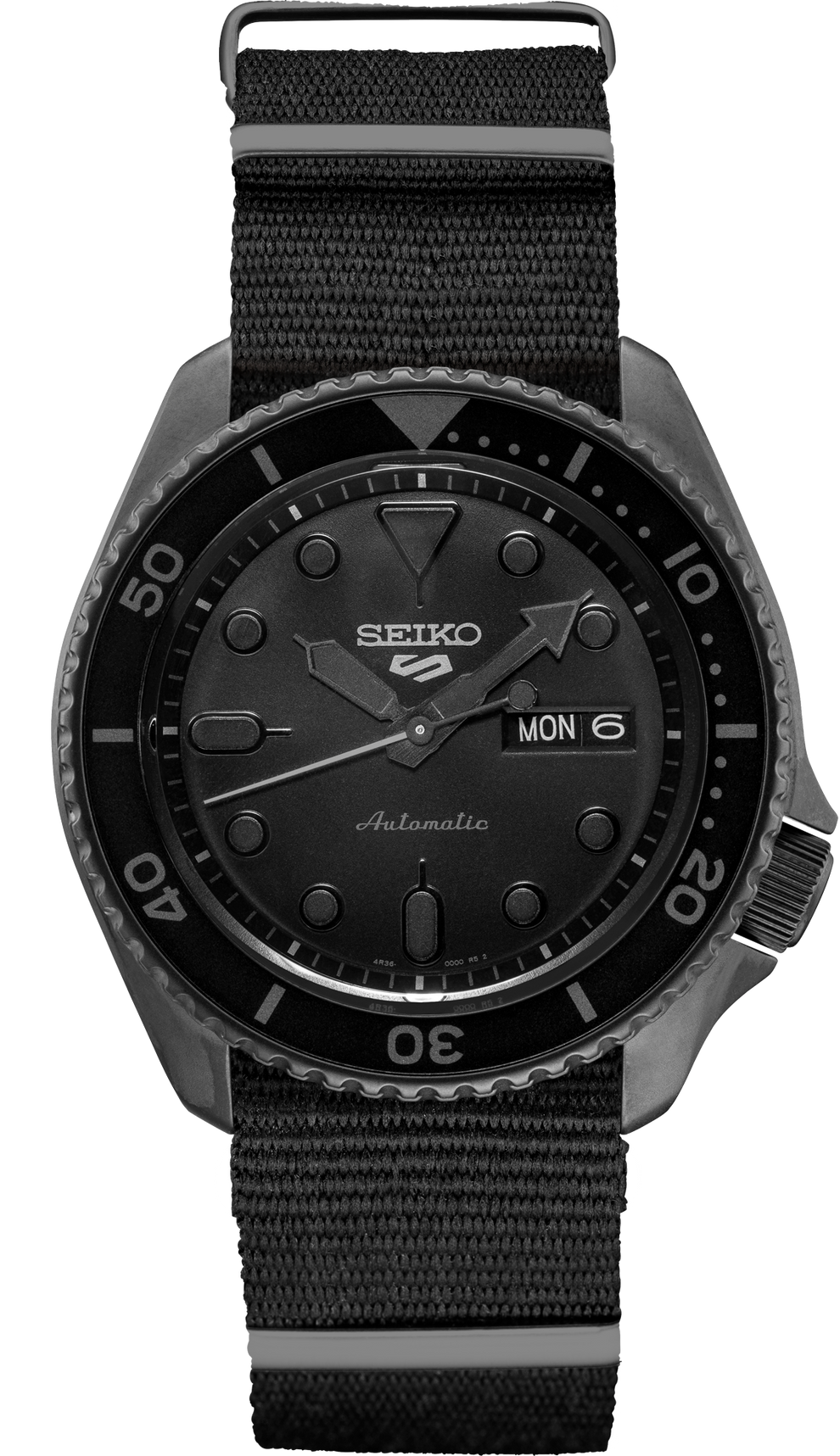 SEIKO SRPD79 5 SPORTS BLACK DIAL BLACK NYLON STRAP AUTOMATIC WATCH