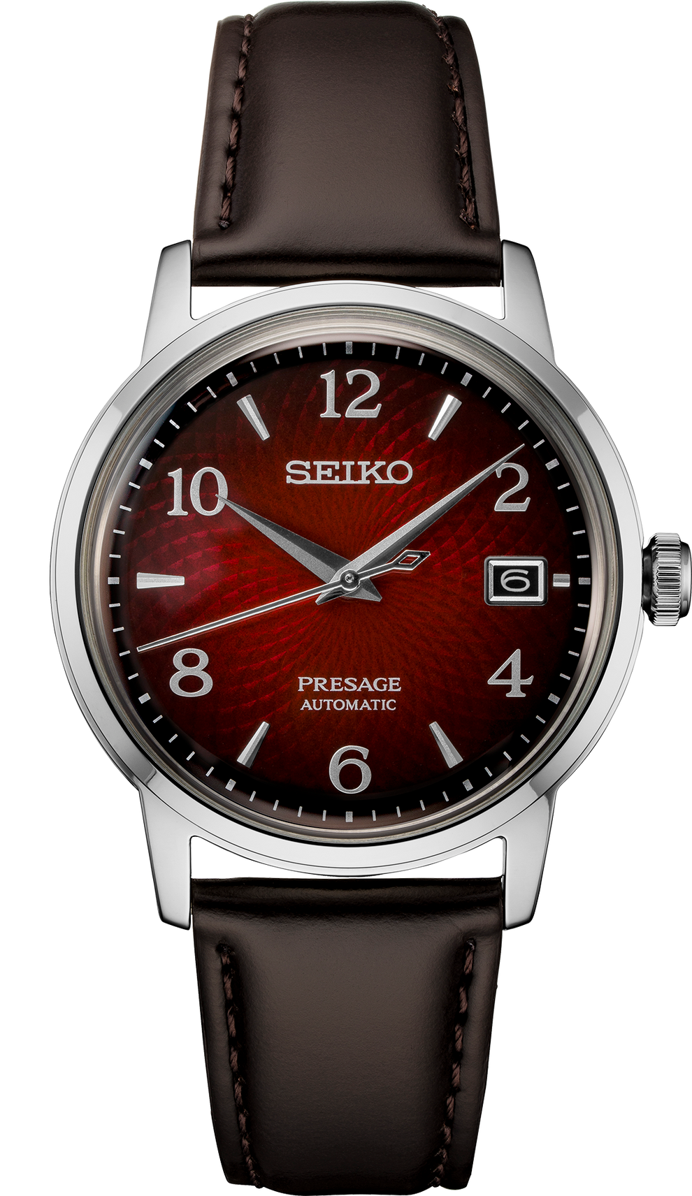 SEIKO SRPE41 PRESAGE COCKTAIL TIME RED DIAL BROWN LEATHER BAND WATCH