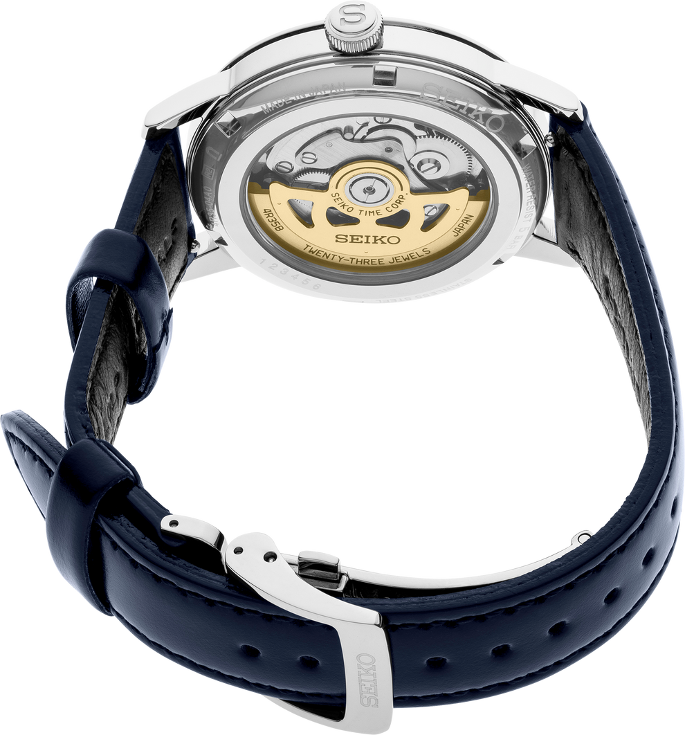 SEIKO SRPE43 PRESAGE COCKTAIL TIME BLUE DIAL BLUE LEATHER BAND WATCH