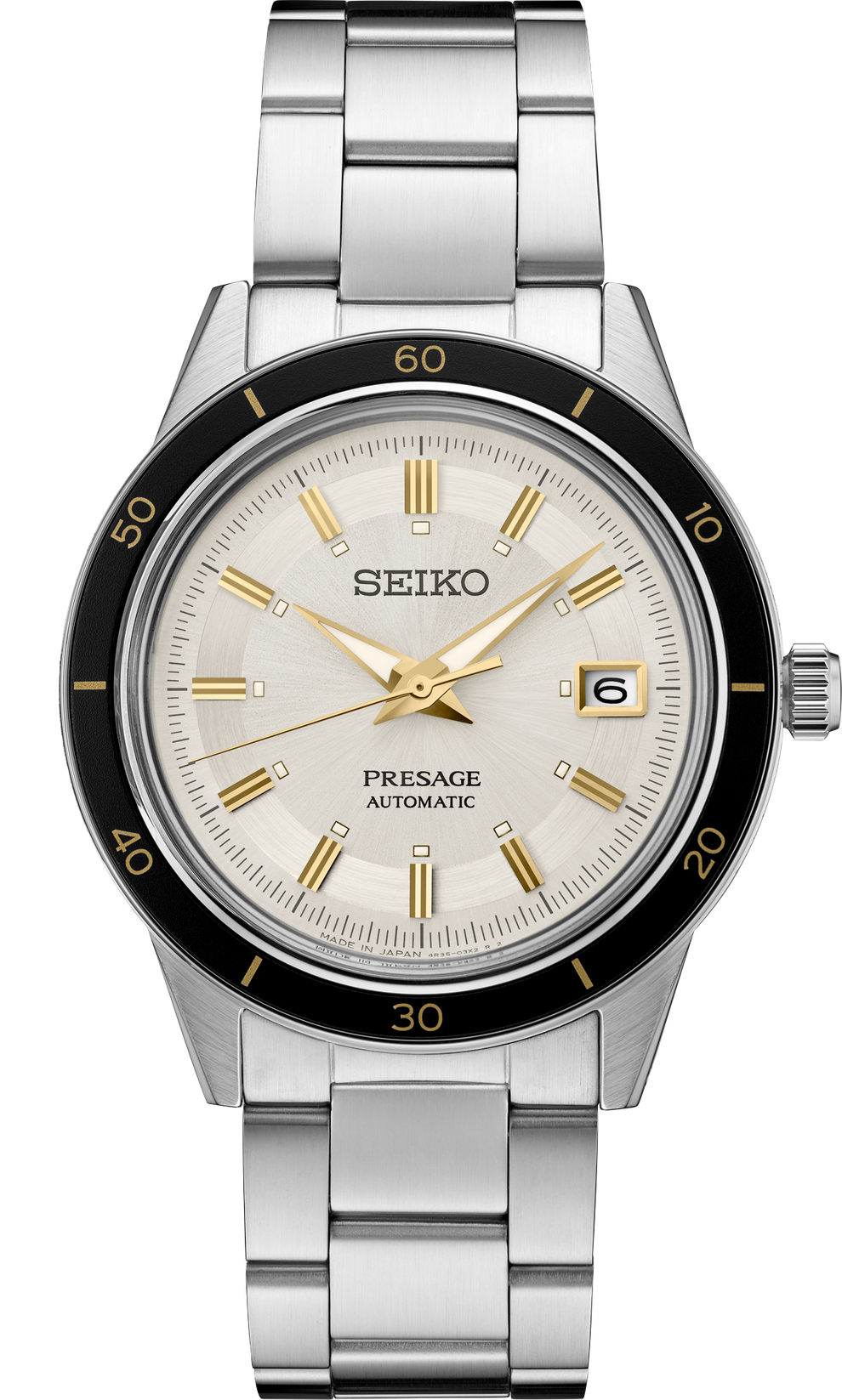 SEIKO SRPG03 PRESAGE 60'S STYLE WHITE DIAL BLACK BEZEL STAINLESS STEEL WATCH