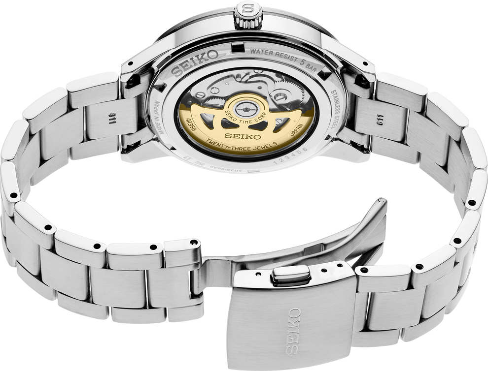 SEIKO SRPG03 PRESAGE 60'S STYLE WHITE DIAL BLACK BEZEL STAINLESS STEEL WATCH