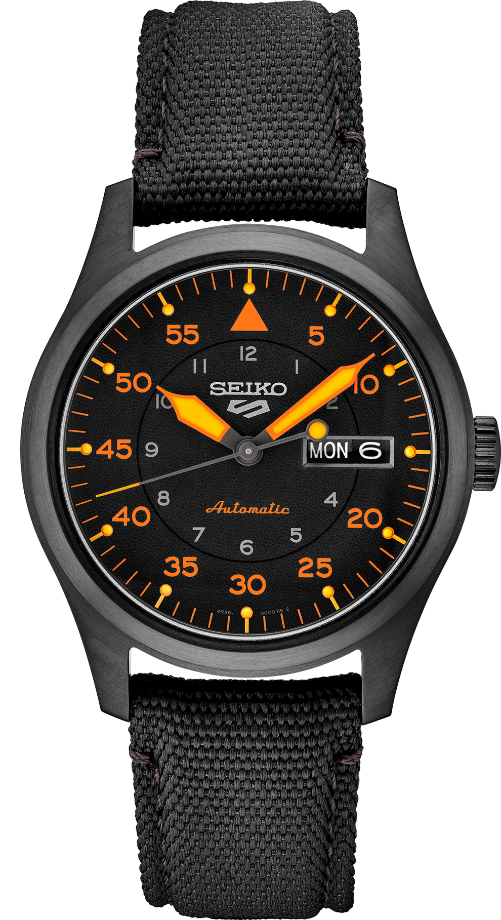 SEIKO SRPH33 5 SPORTS BLACK DIAL WITH ORANGE ACCENTS NYLON AUTOMATIC WATCH