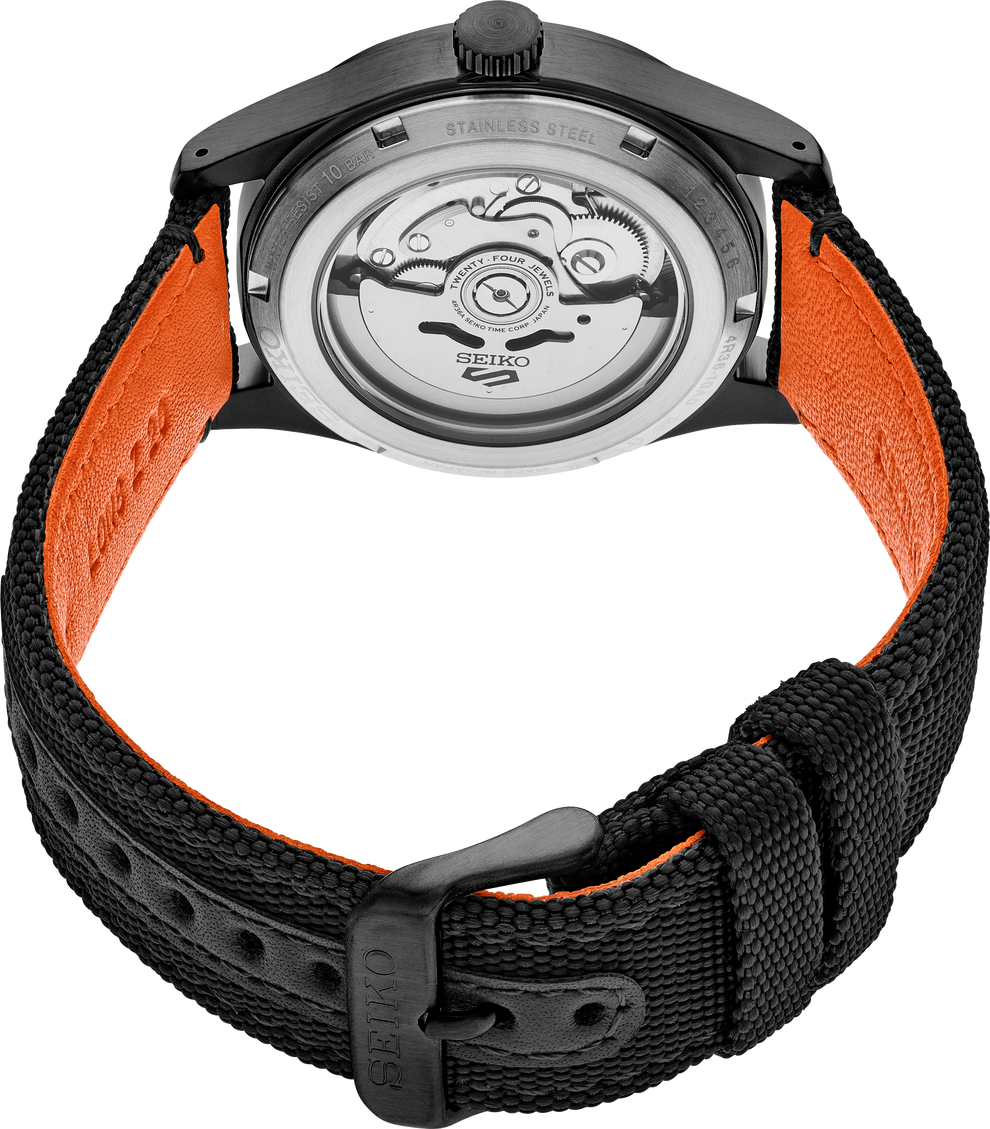 SEIKO SRPH33 5 SPORTS BLACK DIAL WITH ORANGE ACCENTS NYLON AUTOMATIC WATCH