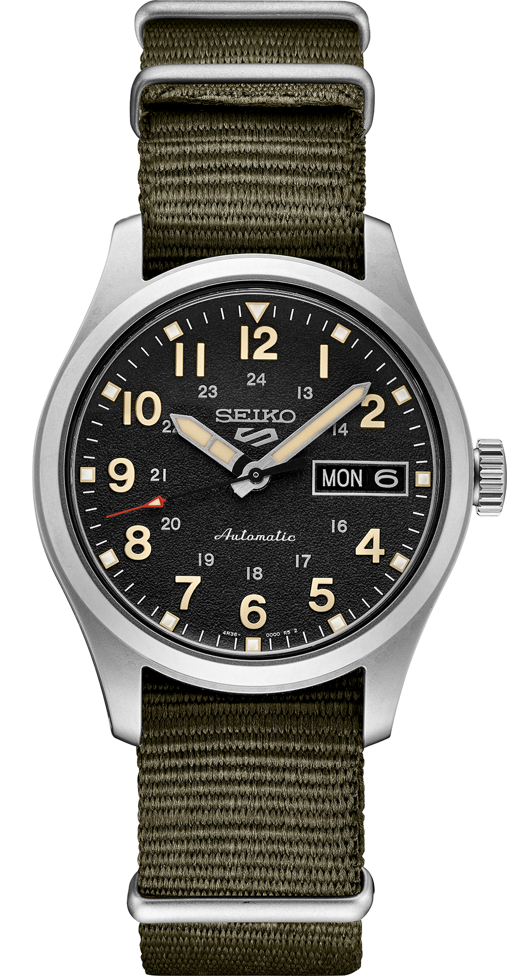 SEIKO SRPJ85 5 SPORTS GREEN NYLON BAND BLACK DIAL AUTOMATIC WATCH