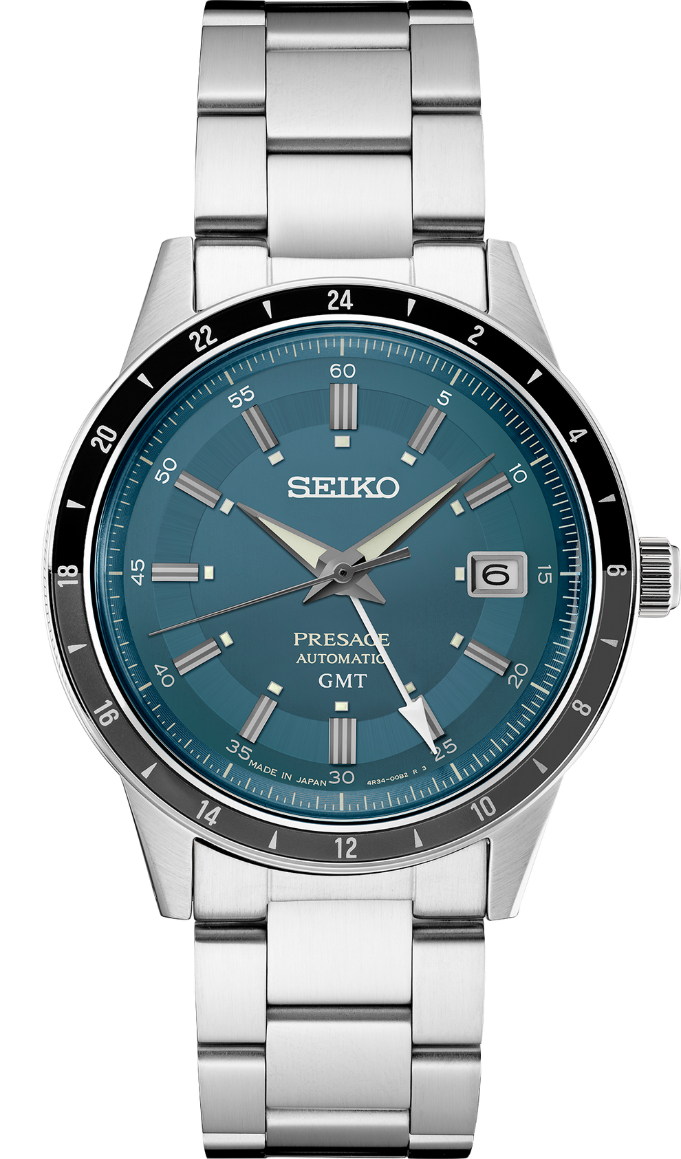 SEIKO SSK009 PRESAGE 60'S STYLE GMT BLUE DIAL STAINLESS STEEL WATCH