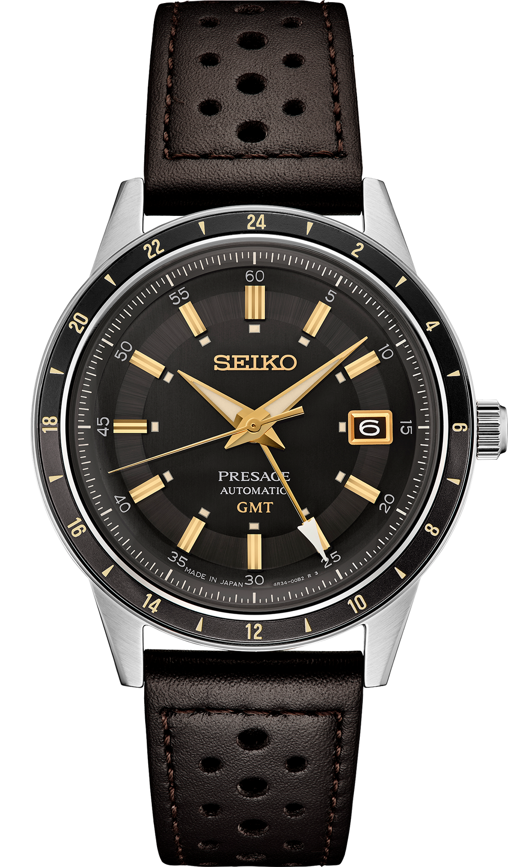 SEIKO SSK013 PRESAGE 60'S STYLE GMT BROWN LEATHER BLACK DIAL WATCH