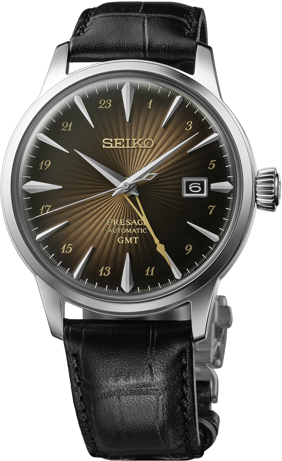 SEIKO SSK039 PRESAGE COCKTAIL TIME GMT BROWN DIAL LEATHER BAND WATCH