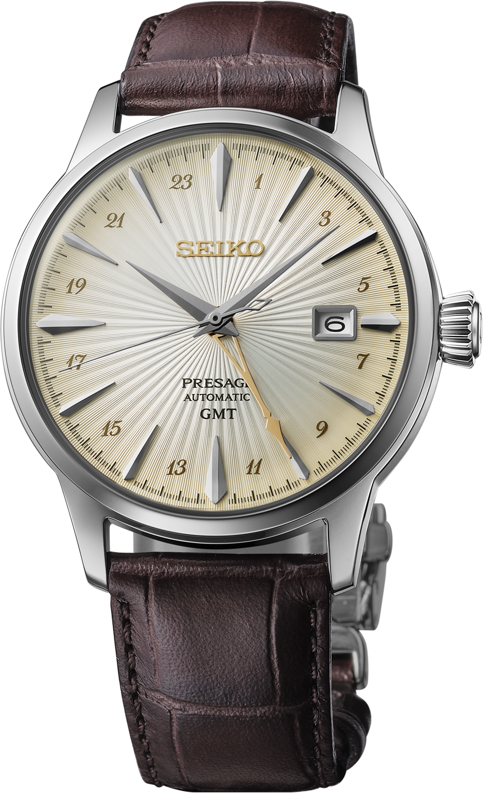 SEIKO SSK041 PRESAGE COCKTAIL TIME GMT IVORY DIAL LEATHER BAND WATCH