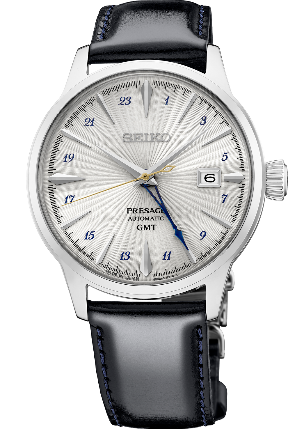 SEIKO SSK049 PRESAGE COCKTAIL TIME GMT SILVER DIAL LEATHER STRAP WATCH